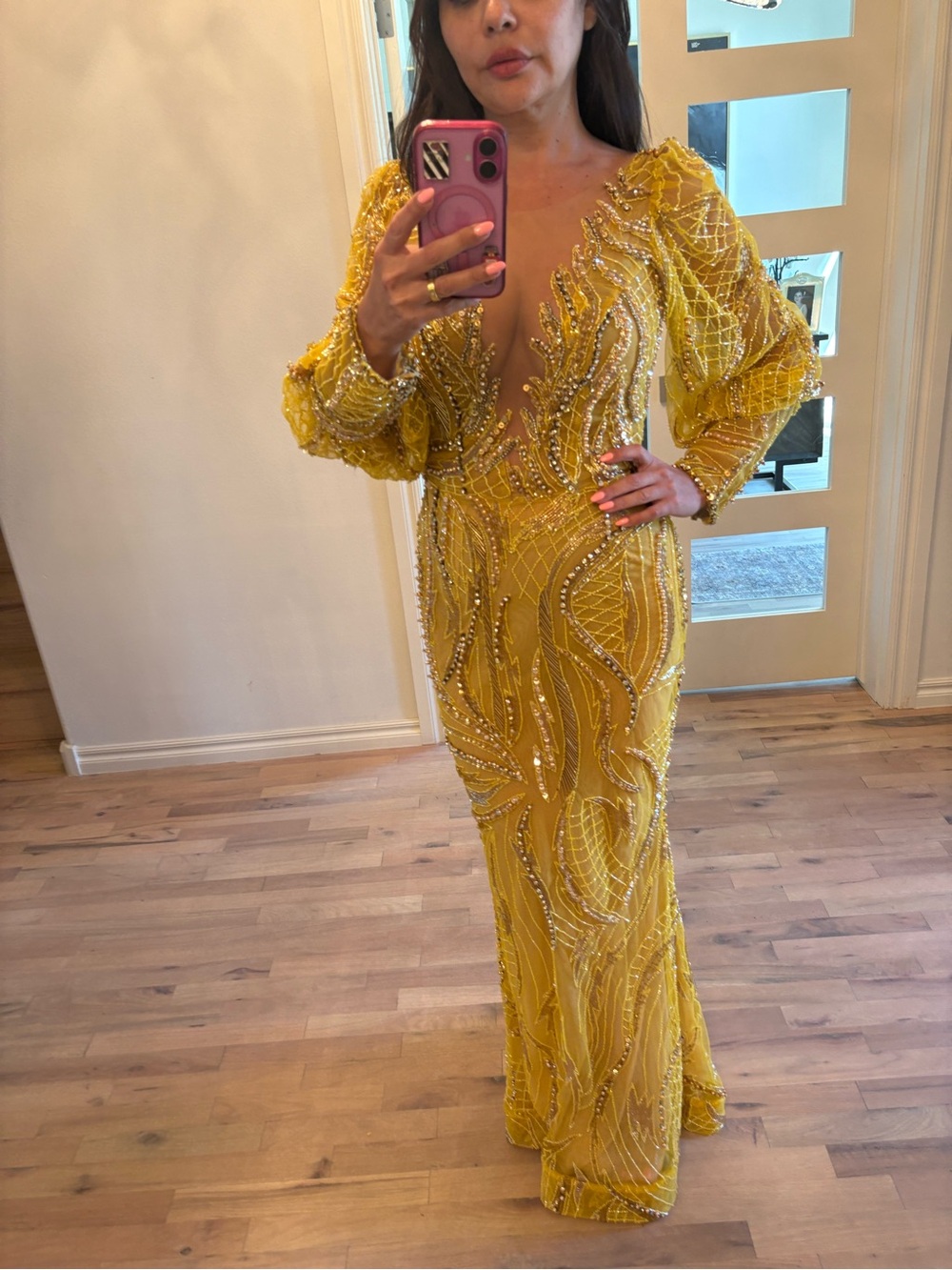 Beaded Mustard Yellow Maxi Evening Dress - Women Dresses - Picture 4 of 11